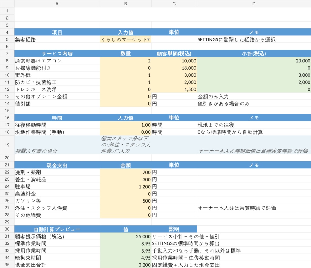 エアコンクリーニング採算計算Excel|手数料・実質時給・最低受注価格を自動計算