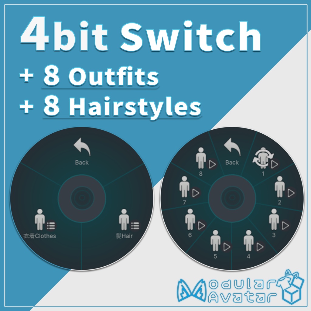 【VRChat Avatar Switch】Switch for 8 Outfits & 8 Hairstyles with 4bit