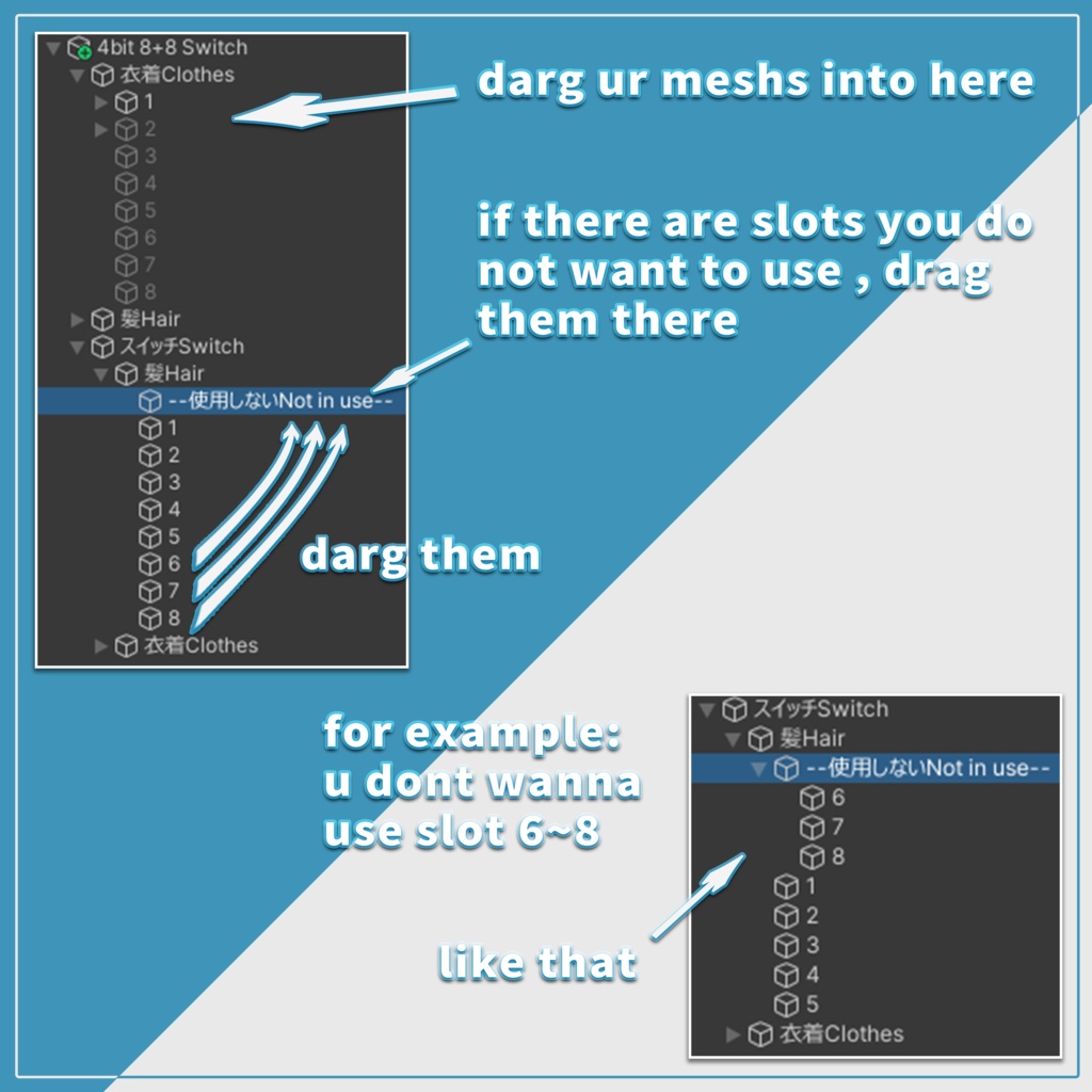 【VRChat Avatar Switch】Switch for 8 Outfits & 8 Hairstyles with 4bit