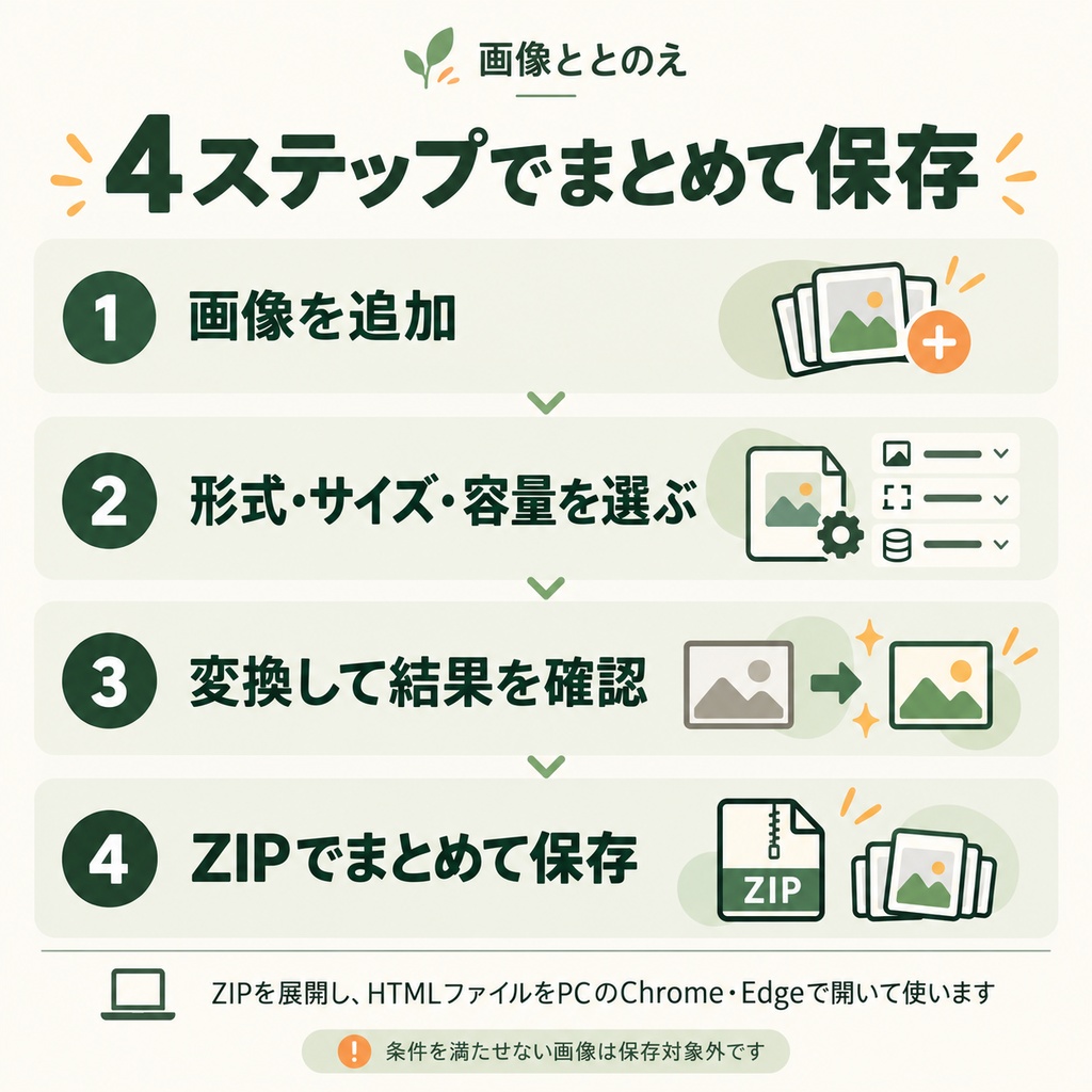 画像をまとめて変換・圧縮・サイズ変更|画像ととのえ【PC用・ZIP一括保存】