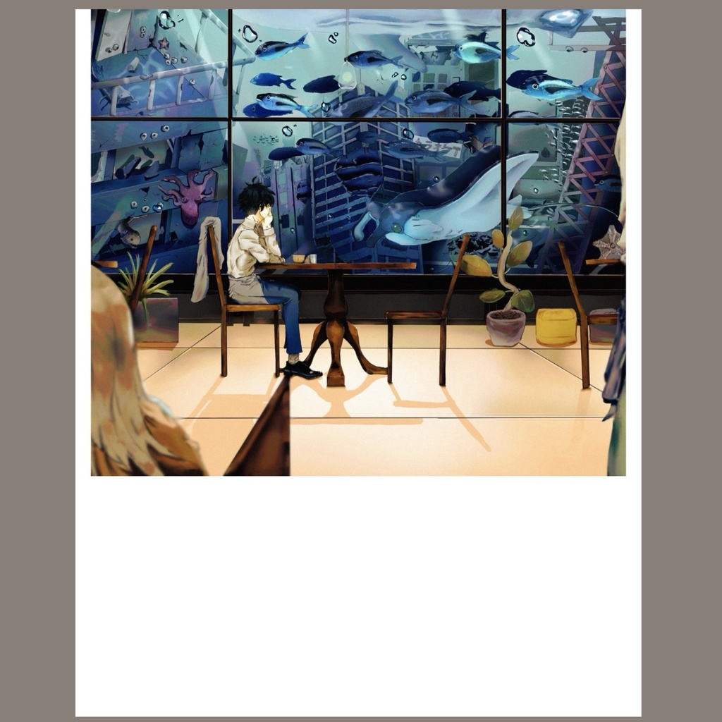 【オリジナルイラスト】正方形ポストカード 「海のカフェ」