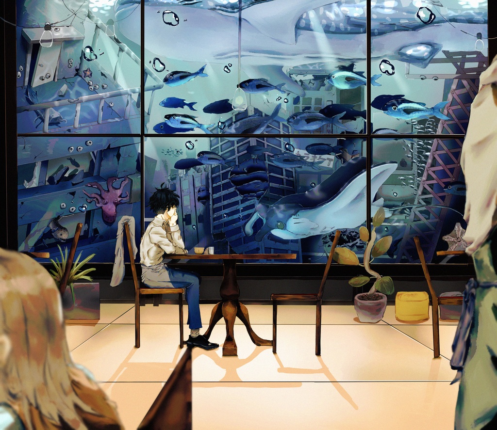 【オリジナルイラスト】正方形ポストカード 「海のカフェ」