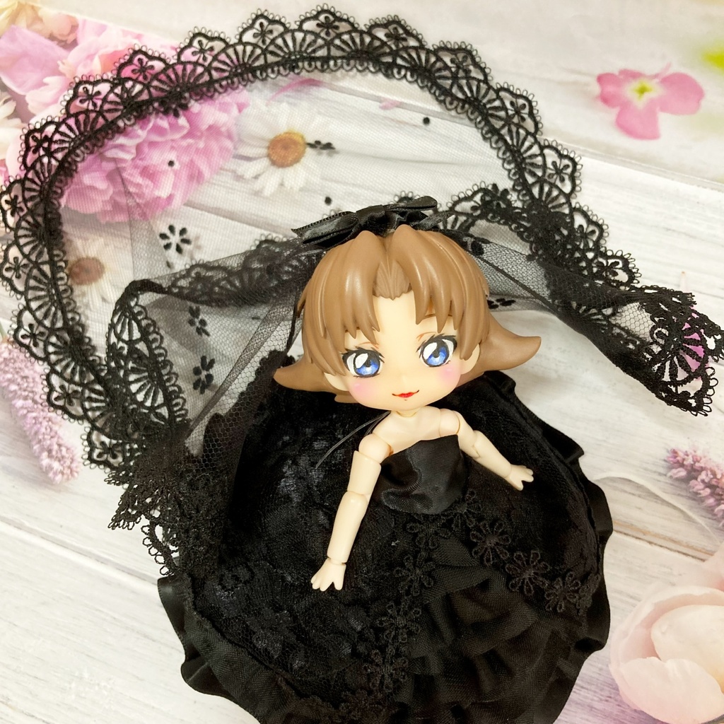 ロングベールのブラックウェディング(裾にツヤあり)オビツ11・ねんどろいどどーる