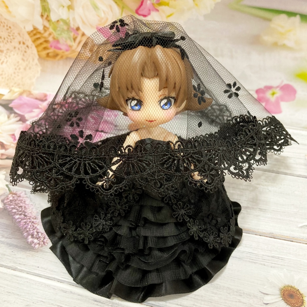 ロングベールのブラックウェディング(裾にツヤあり)オビツ11・ねんどろいどどーる
