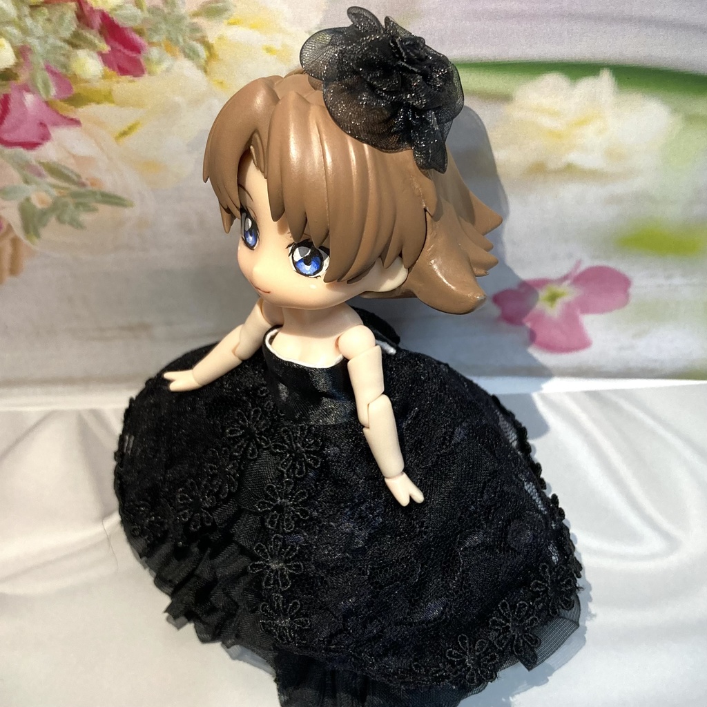 ロングベールのブラックウェディング(裾にツヤあり)オビツ11・ねんどろいどどーる