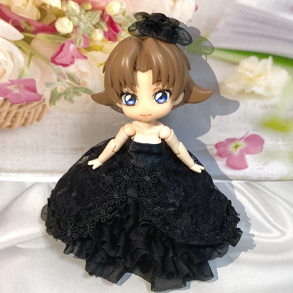 ロングベールのブラックウェディング(裾にツヤあり)オビツ11・ねんどろいどどーる