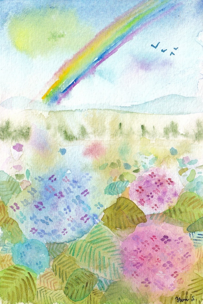 虹とあじさい（透明水彩原画）