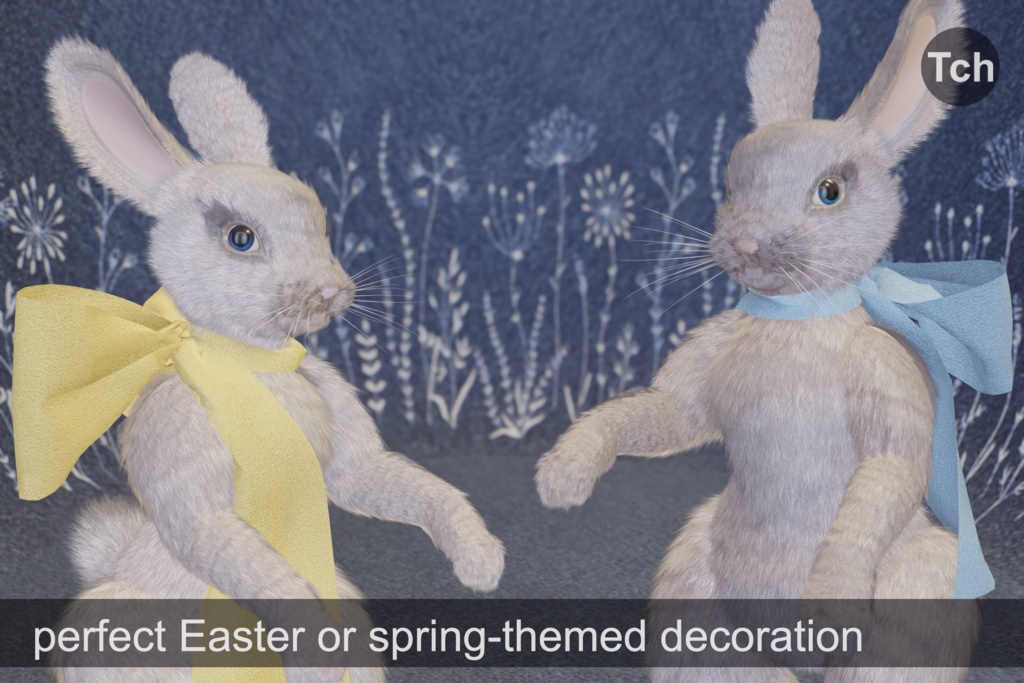 Mr and Mrs White Bunnies with bows (3D) || シルクのリボンをつけた白いウサギさんのモデル2体 (3D)