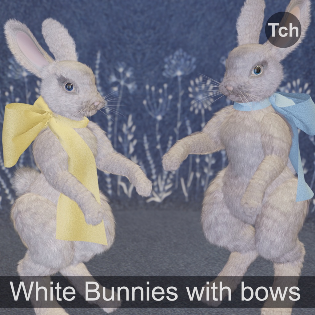 Mr and Mrs White Bunnies with bows (3D) || シルクのリボンをつけた白いウサギさんのモデル2体 (3D)