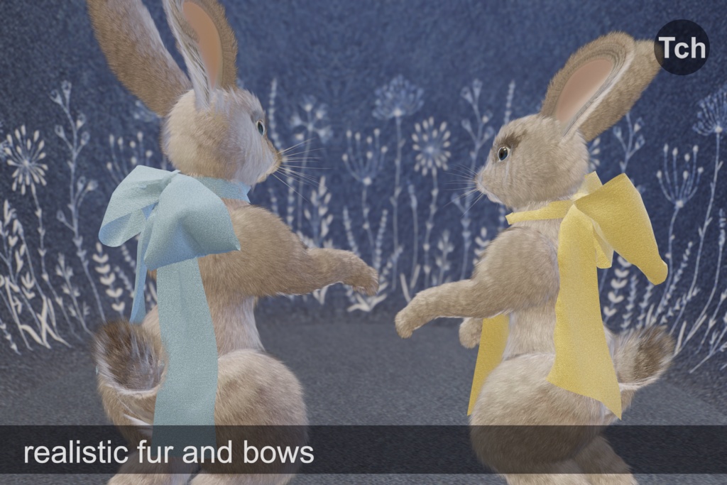 Mr and Mrs White Bunnies with bows (3D) || シルクのリボンをつけた白いウサギさんのモデル2体 (3D)