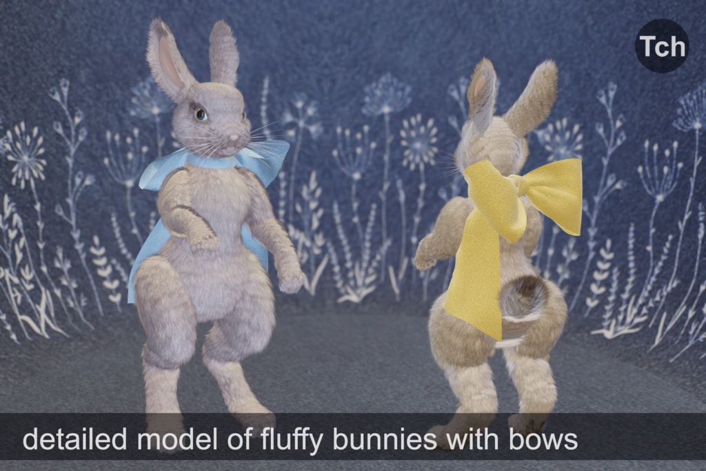 Mr and Mrs White Bunnies with bows (3D) || シルクのリボンをつけた白いウサギさんのモデル2体 (3D)