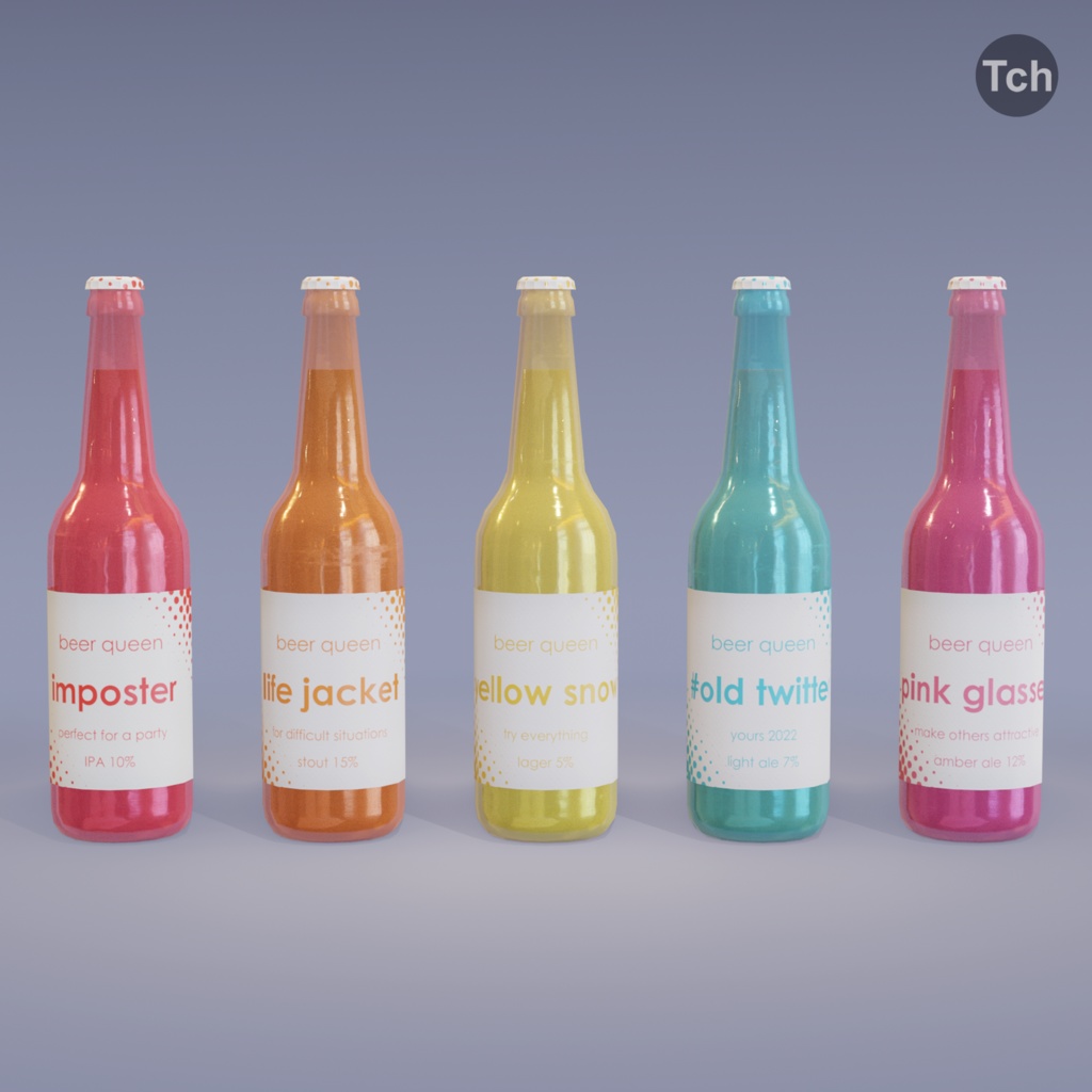5 bottles of "Beer Queen" (3D) | 「ビールクイーン」のボトル5本(3D)