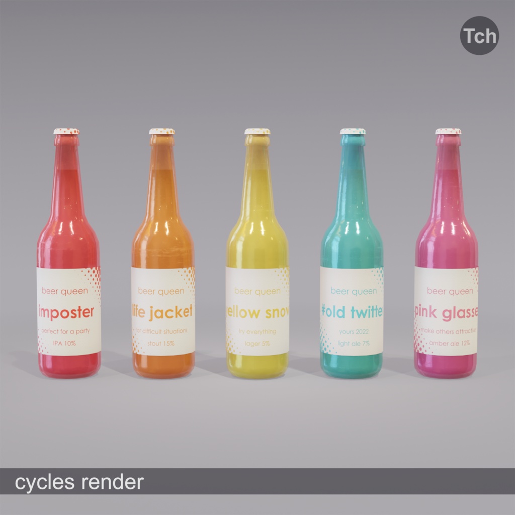 5 bottles of "Beer Queen" (3D) | 「ビールクイーン」のボトル5本(3D)