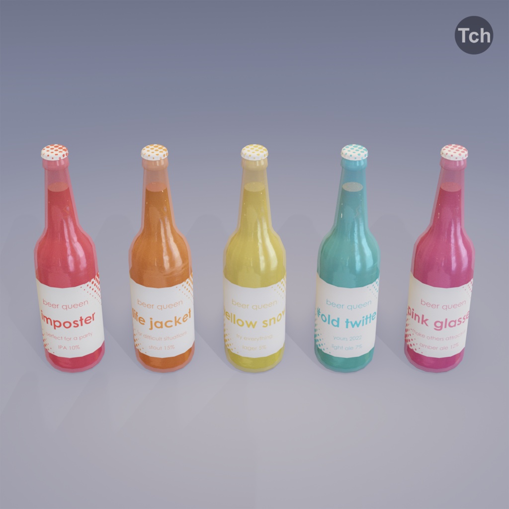 5 bottles of "Beer Queen" (3D) | 「ビールクイーン」のボトル5本(3D)