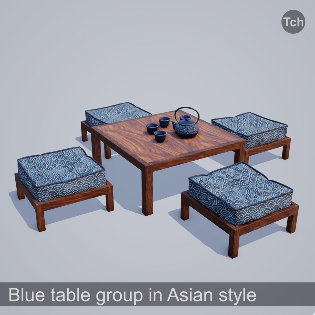 Blue table group in Asian style (3D) | 青いアジア風のテーブルグループ（3D）