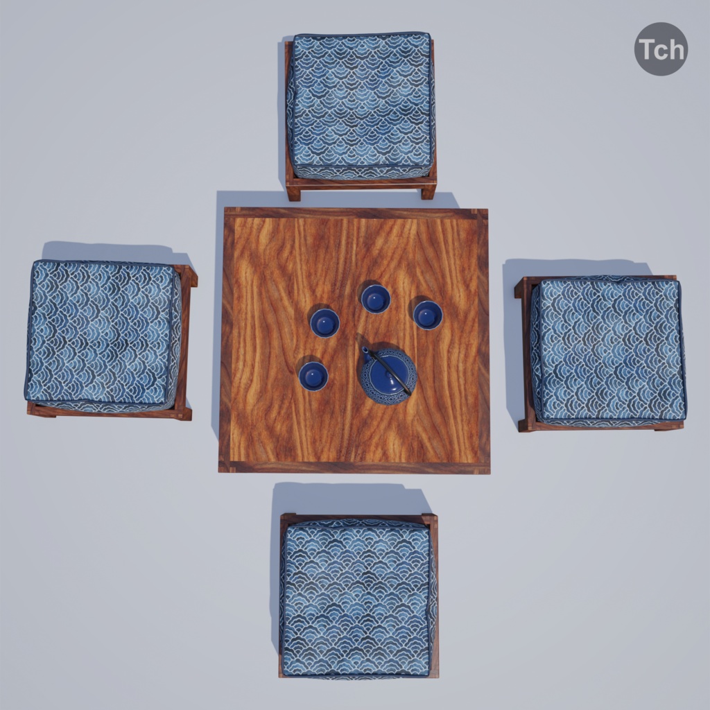 Blue table group in Asian style (3D) | 青いアジア風のテーブルグループ(3D)