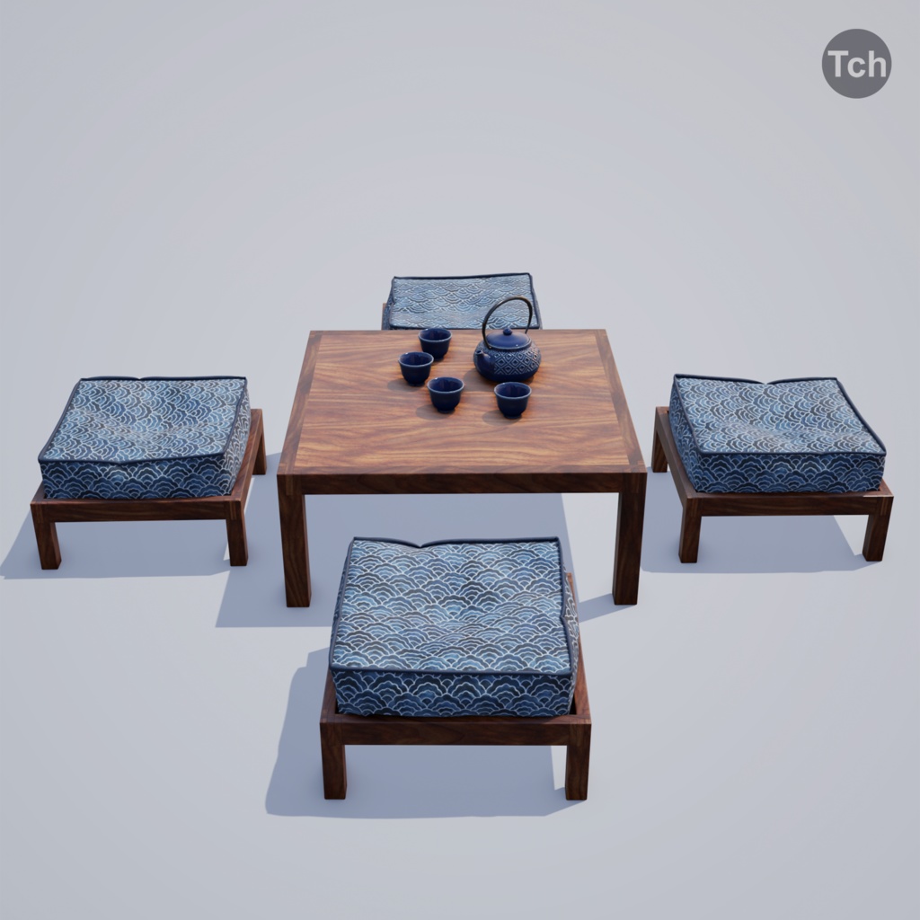 Blue table group in Asian style (3D) | 青いアジア風のテーブルグループ(3D)