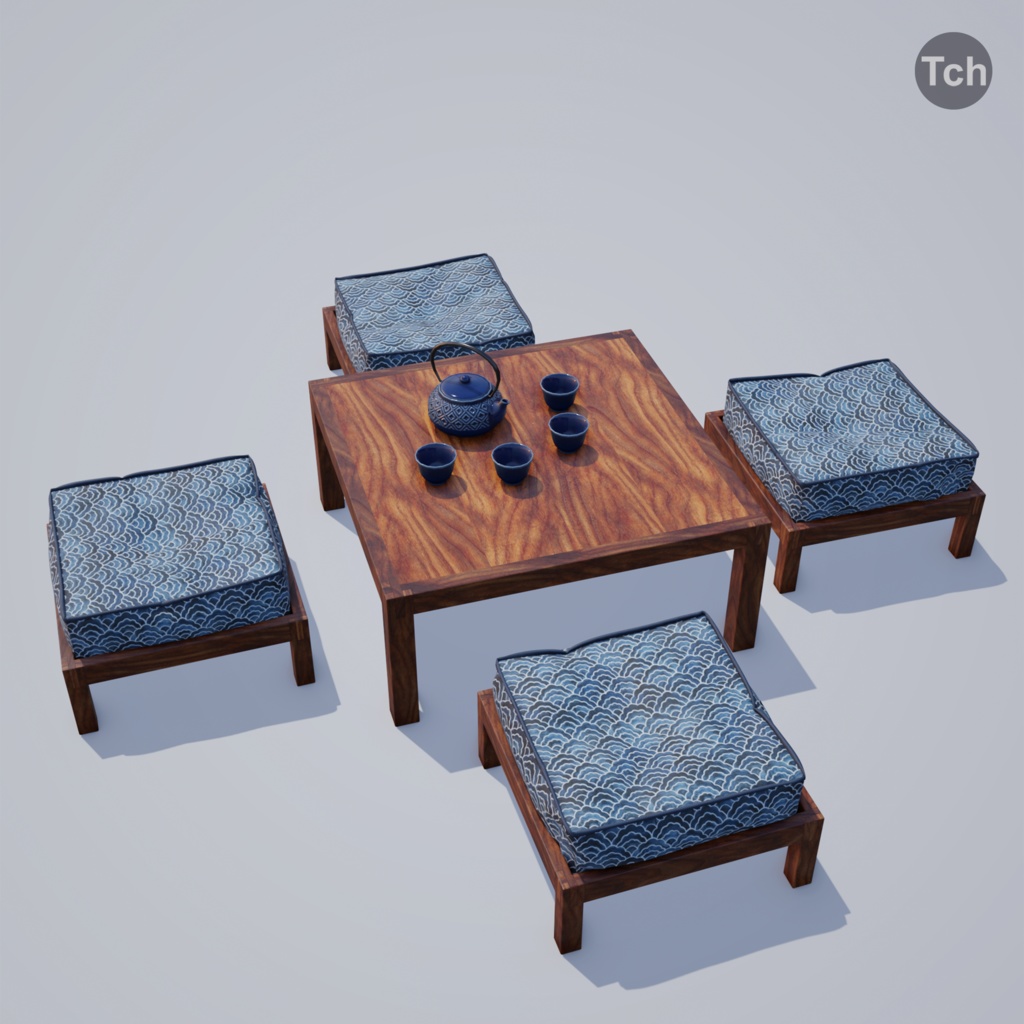 Blue table group in Asian style (3D) | 青いアジア風のテーブルグループ(3D)