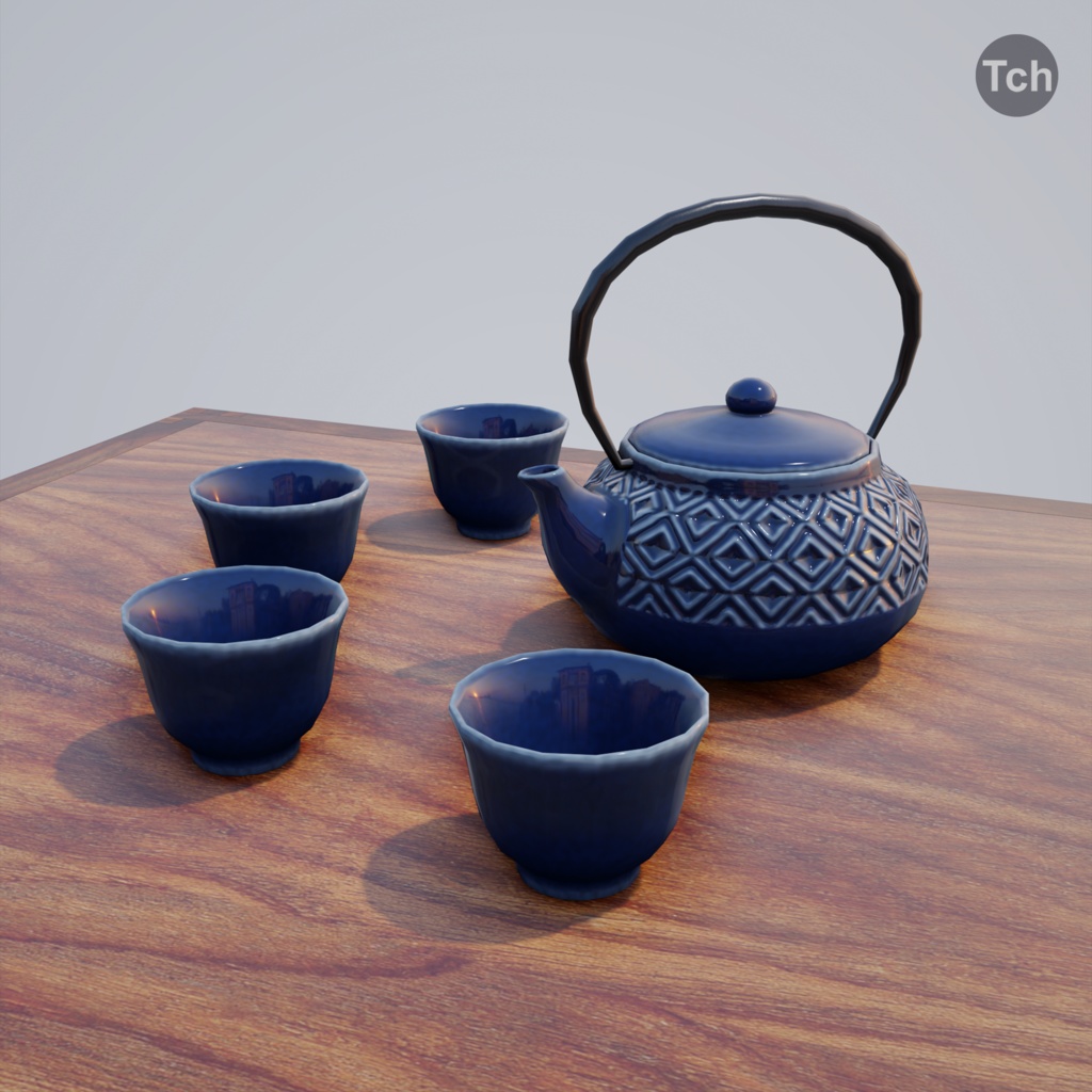 Blue table group in Asian style (3D) | 青いアジア風のテーブルグループ(3D)