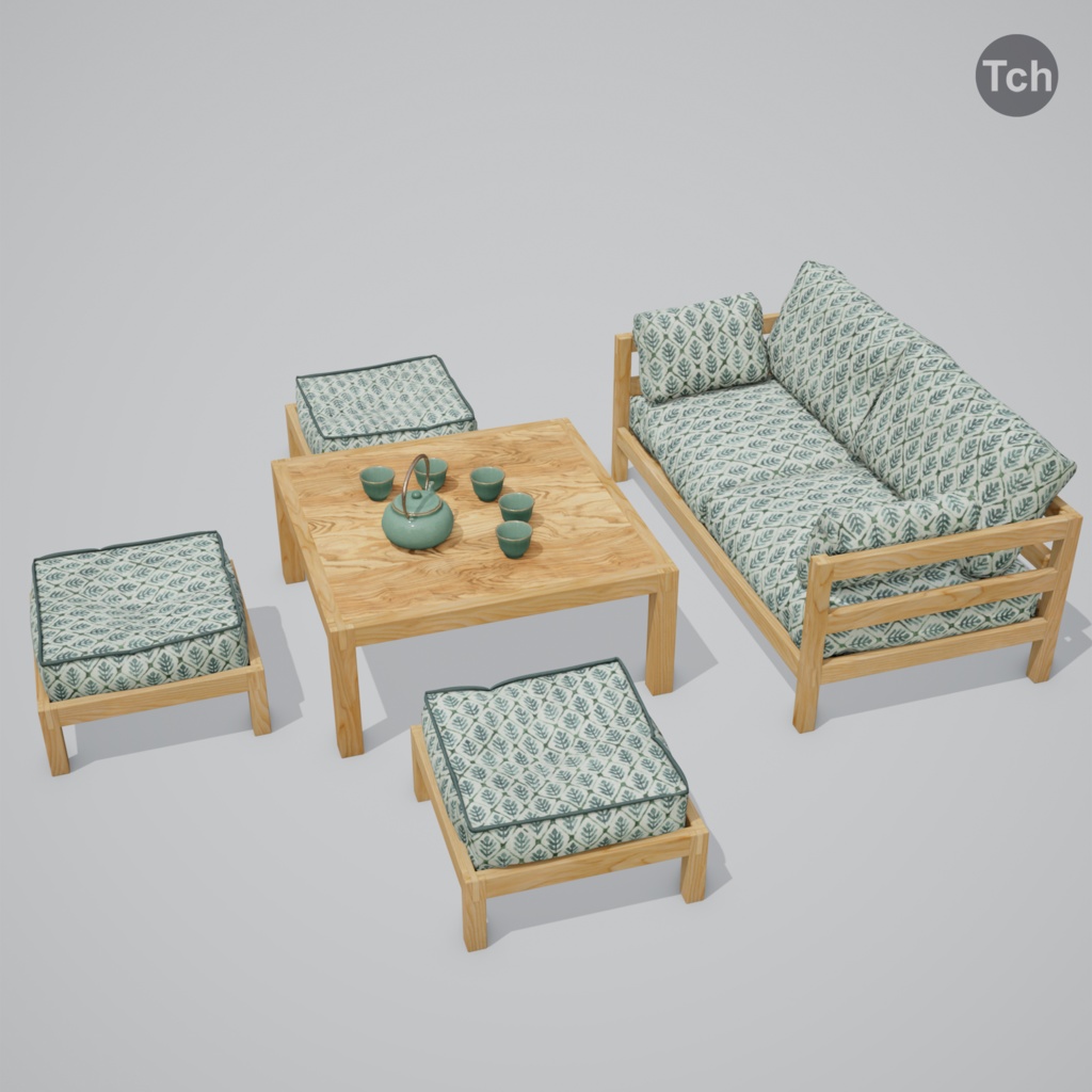 Green table group in Asian style (3D) | 緑のアジア風のテーブルグループ(3D)