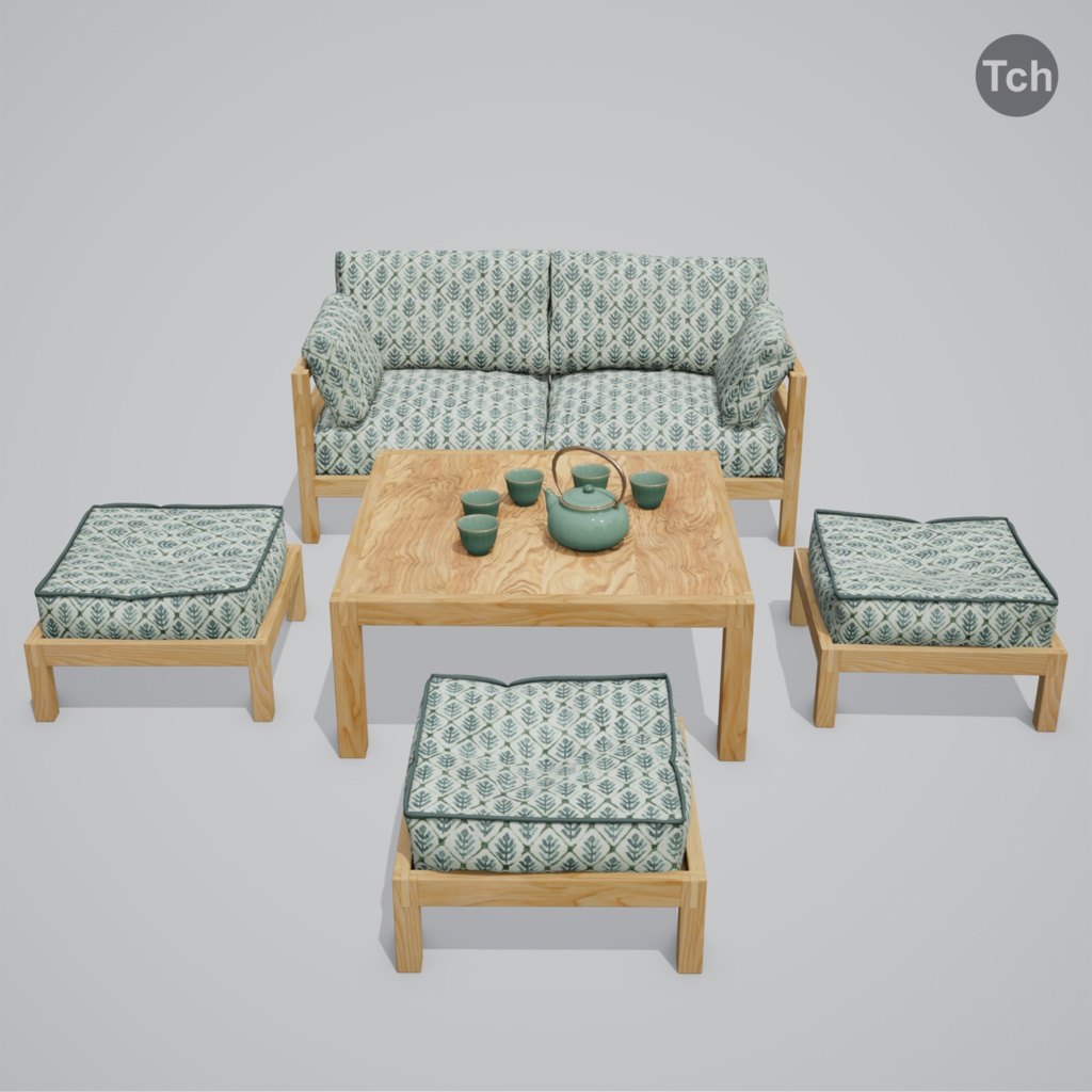 Green table group in Asian style (3D) | 緑のアジア風のテーブルグループ(3D)
