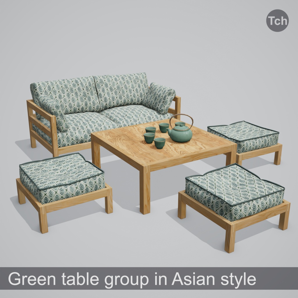 Green table group in Asian style (3D) | 緑のアジア風のテーブルグループ(3D)