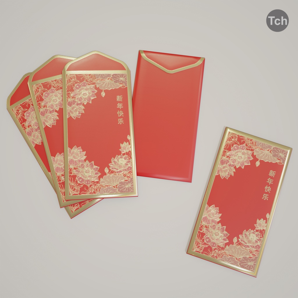 Asian red New Year envelopes (3D) | アジアの赤いお年玉封筒(3D)