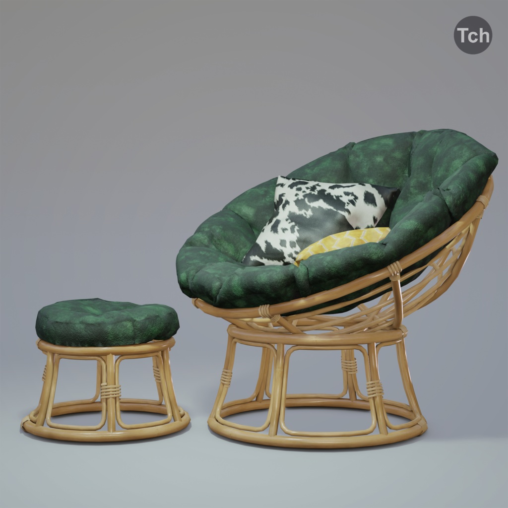 Green papasan chair with ottoman (3D) | 緑のパパサンチェアとオットマン(3D)