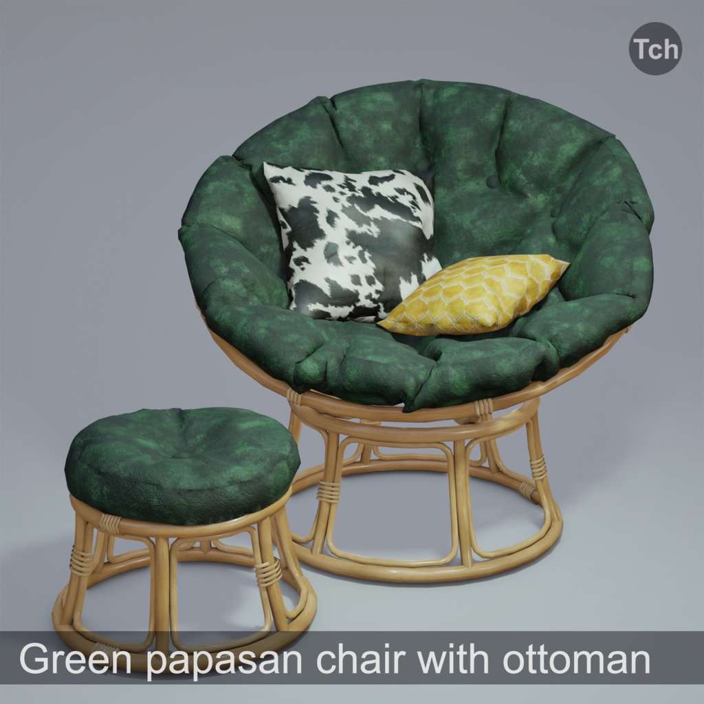 Green papasan chair with ottoman (3D) | 緑のパパサンチェアとオットマン（3D）
