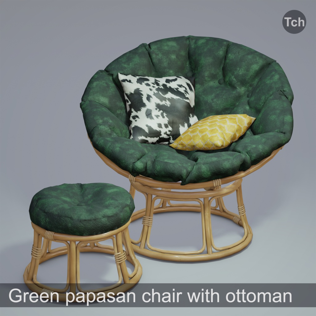Green papasan chair with ottoman (3D) | 緑のパパサンチェアとオットマン(3D)