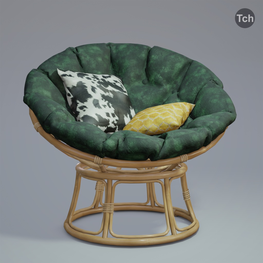 Green papasan chair with ottoman (3D) | 緑のパパサンチェアとオットマン(3D)