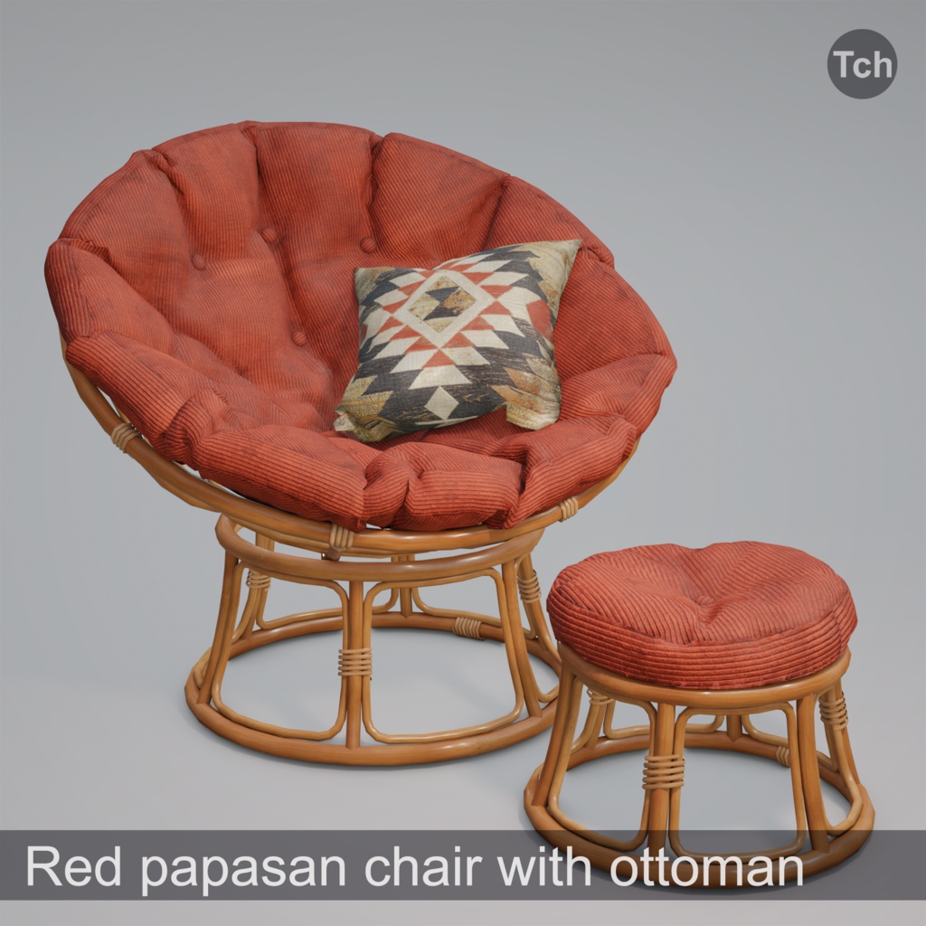 Red papasan chair with ottoman (3D) | 赤いパパサンチェアとオットマン(3D)