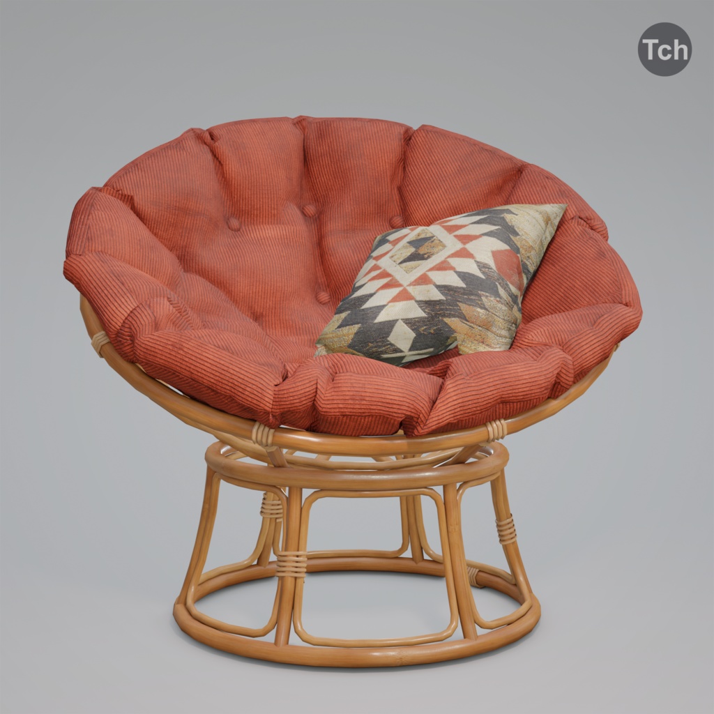 Red papasan chair with ottoman (3D) | 赤いパパサンチェアとオットマン(3D)
