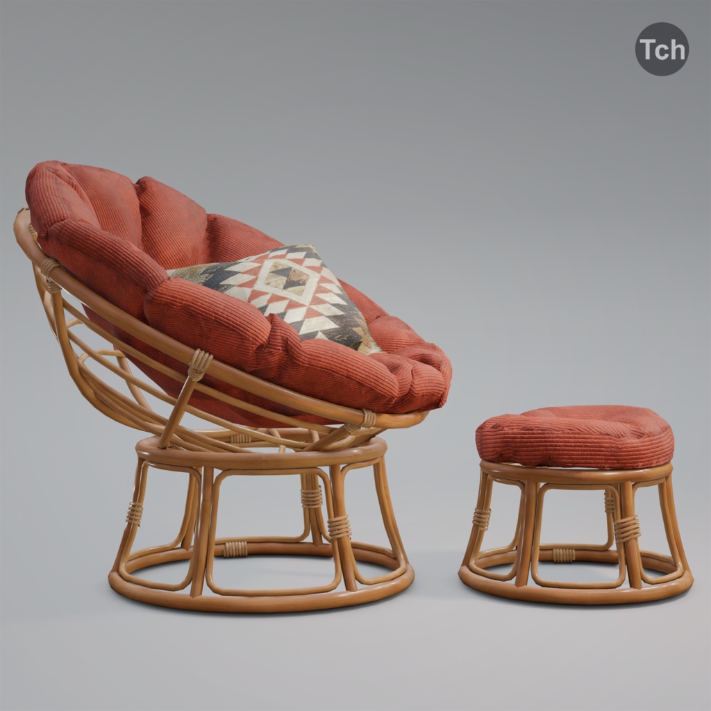 Red papasan chair with ottoman (3D) | 赤いパパサンチェアとオットマン(3D)