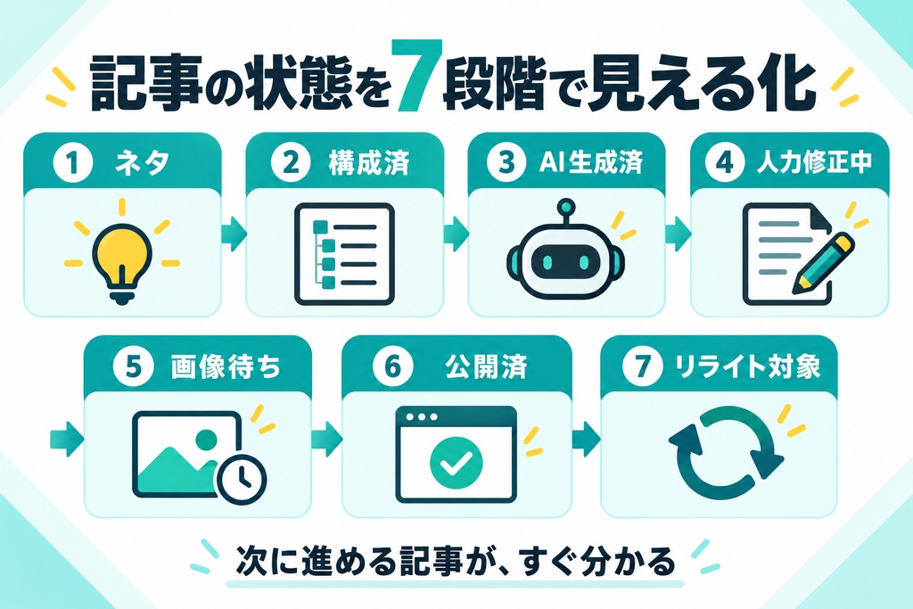 AI記事の進捗管理シート|7段階で下書き・修正・公開を見える化【Googleスプレッドシート】