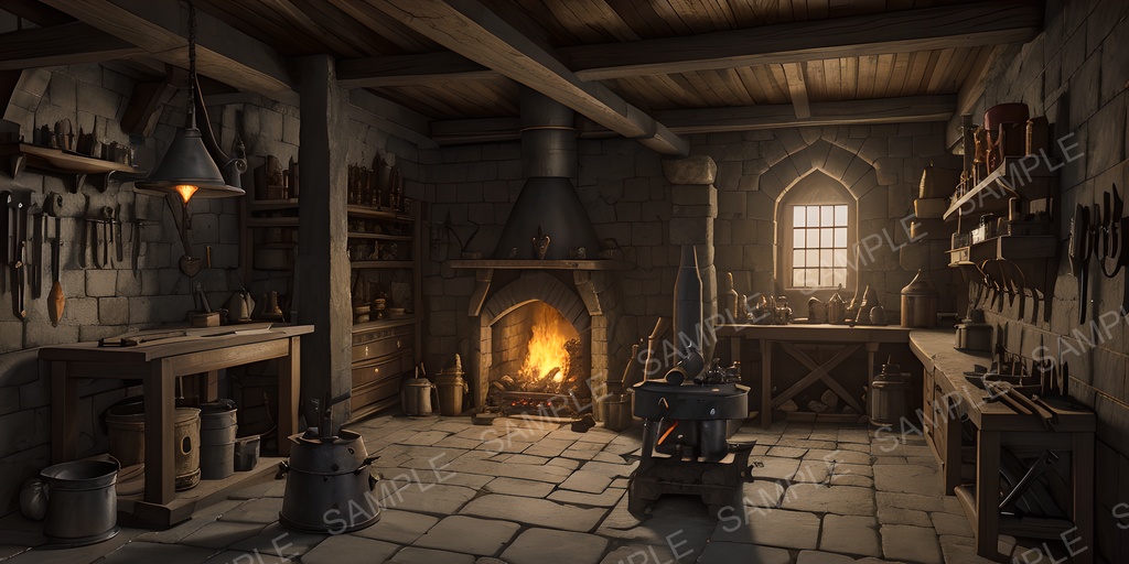 【2K背景素材】中世ファンタジー 城の鍛冶場|10枚セット