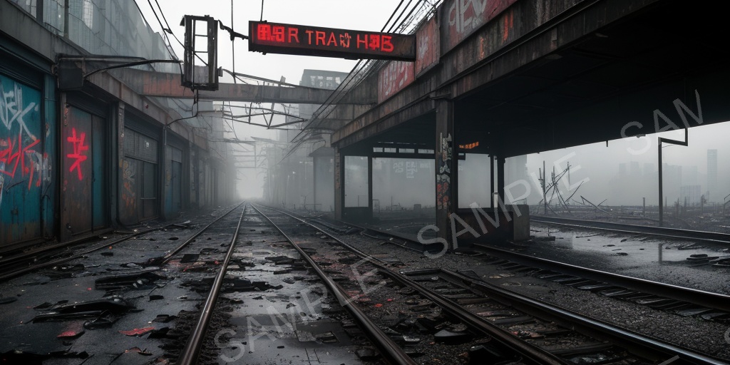 【2K背景素材】退廃サイバーパンク 廃駅プラットフォーム(昼)|10枚セット