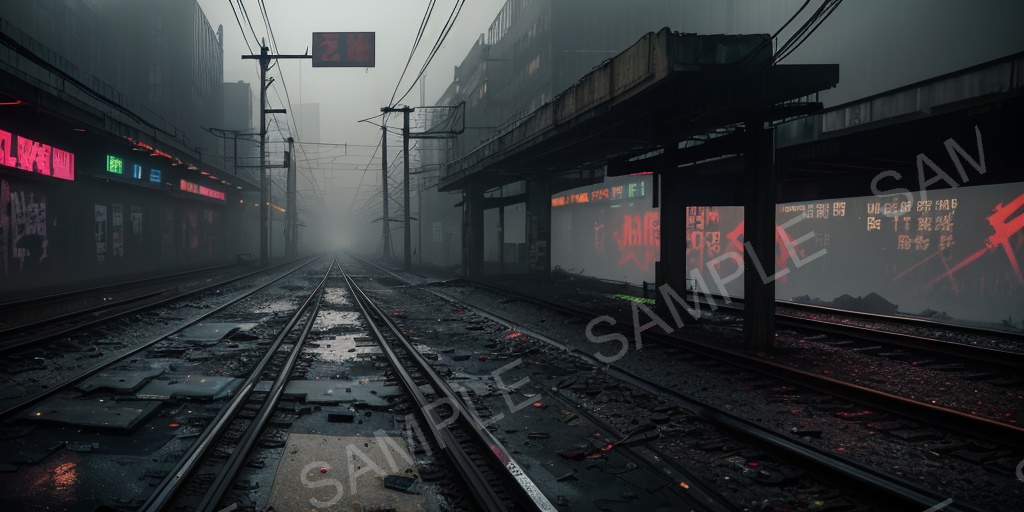 【2K背景素材】退廃サイバーパンク 廃駅プラットフォーム(昼)|10枚セット