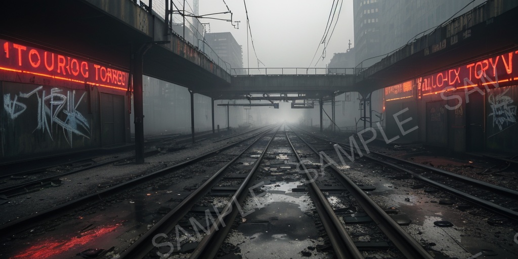 【2K背景素材】退廃サイバーパンク 廃駅プラットフォーム(昼)|10枚セット