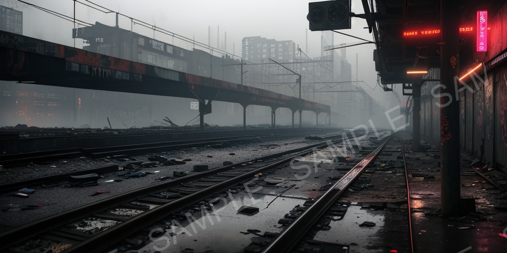 【2K背景素材】退廃サイバーパンク 廃駅プラットフォーム(昼)|10枚セット