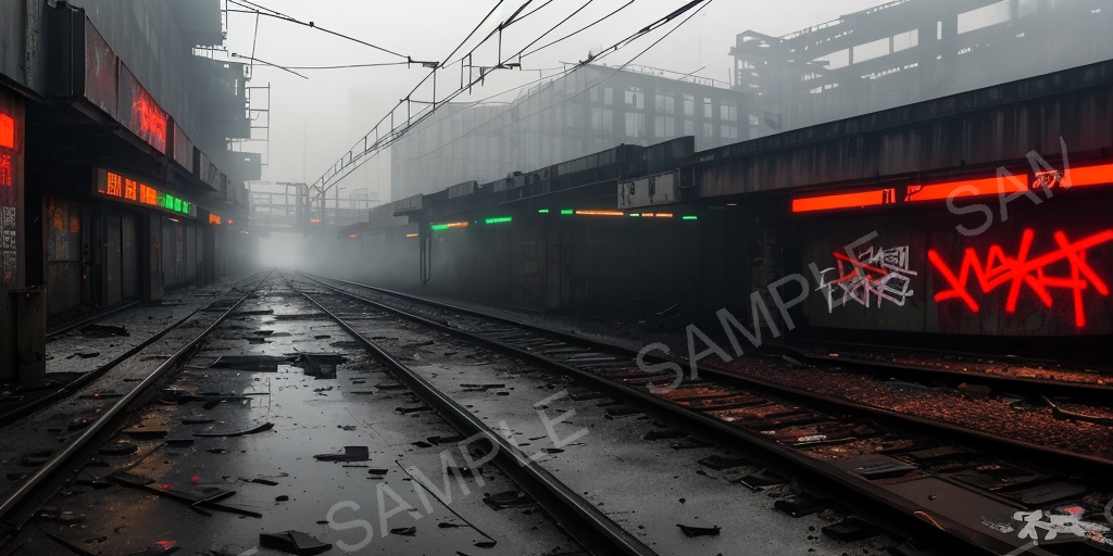 【2K背景素材】退廃サイバーパンク 廃駅プラットフォーム(昼)|10枚セット