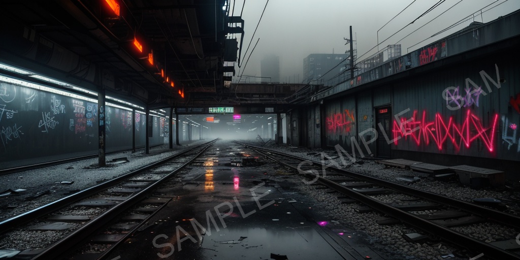 【2K背景素材】退廃サイバーパンク 廃駅プラットフォーム(昼)|10枚セット