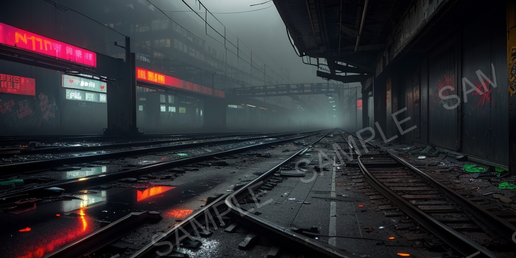 【2K背景素材】退廃サイバーパンク 廃駅プラットフォーム(昼)|10枚セット