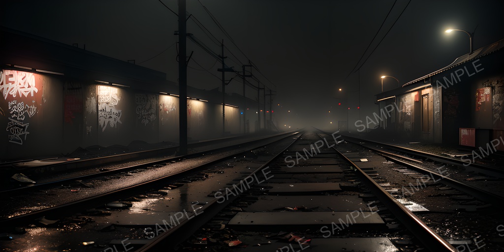 【2K背景素材】退廃サイバーパンク 廃駅プラットフォーム(夜)|10枚セット