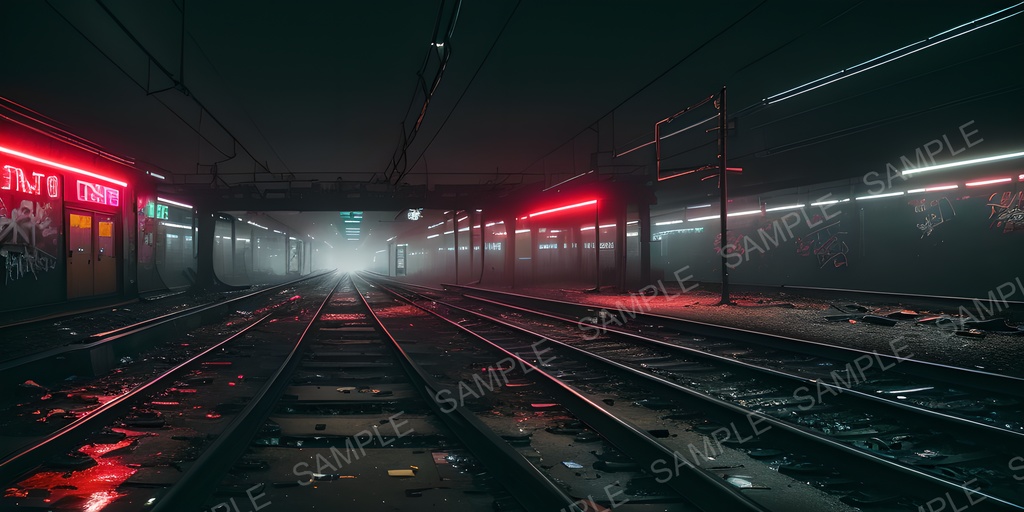 【2K背景素材】退廃サイバーパンク 廃駅プラットフォーム(夜)|10枚セット