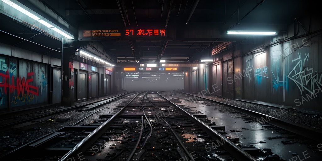 【2K背景素材】退廃サイバーパンク 廃駅プラットフォーム(夜)|10枚セット