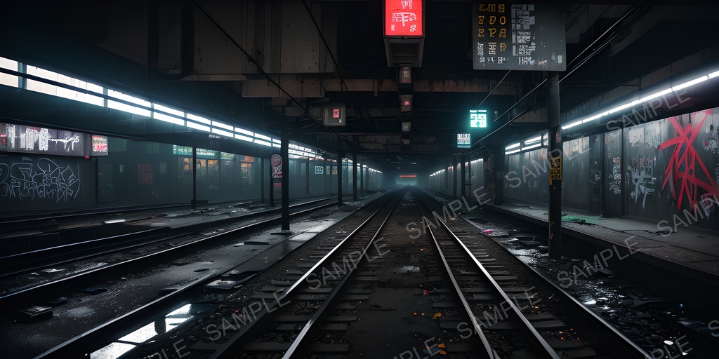 【2K背景素材】退廃サイバーパンク 廃駅プラットフォーム（夜）｜10枚セット