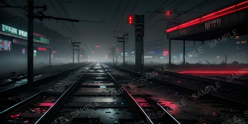 【2K背景素材】退廃サイバーパンク 廃駅プラットフォーム(夜)|10枚セット