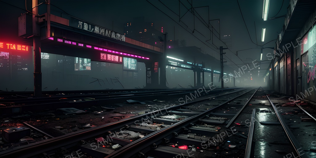 【2K背景素材】退廃サイバーパンク 廃駅プラットフォーム(夜)|10枚セット