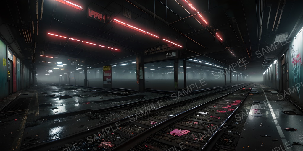 【2K背景素材】退廃サイバーパンク 廃駅プラットフォーム(夜)|10枚セット